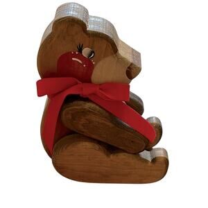 Vintage Hand Painted Wood Bear Figurine Red Bow Rustic Cabin Decor